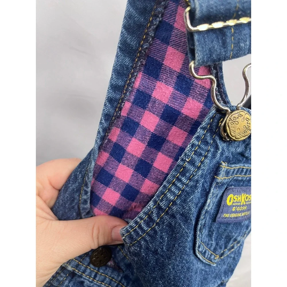 VTG 1995 Oshkosh‎ Girls Denim Overalls Pink and Blue Checkered Flannel Lined 18M